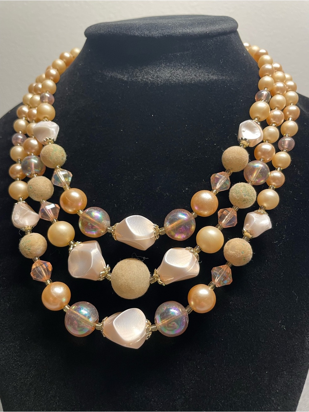 Three-Strand Champagne and Iridescent Bead Necklace